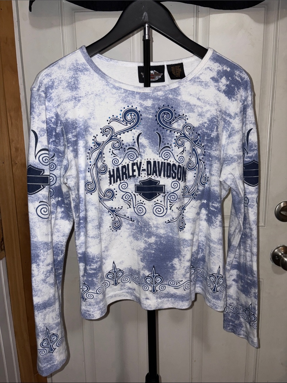 Vintage Y2K Harley Davidson Blue Tie Dye Rhinestones Long Sleeve Top